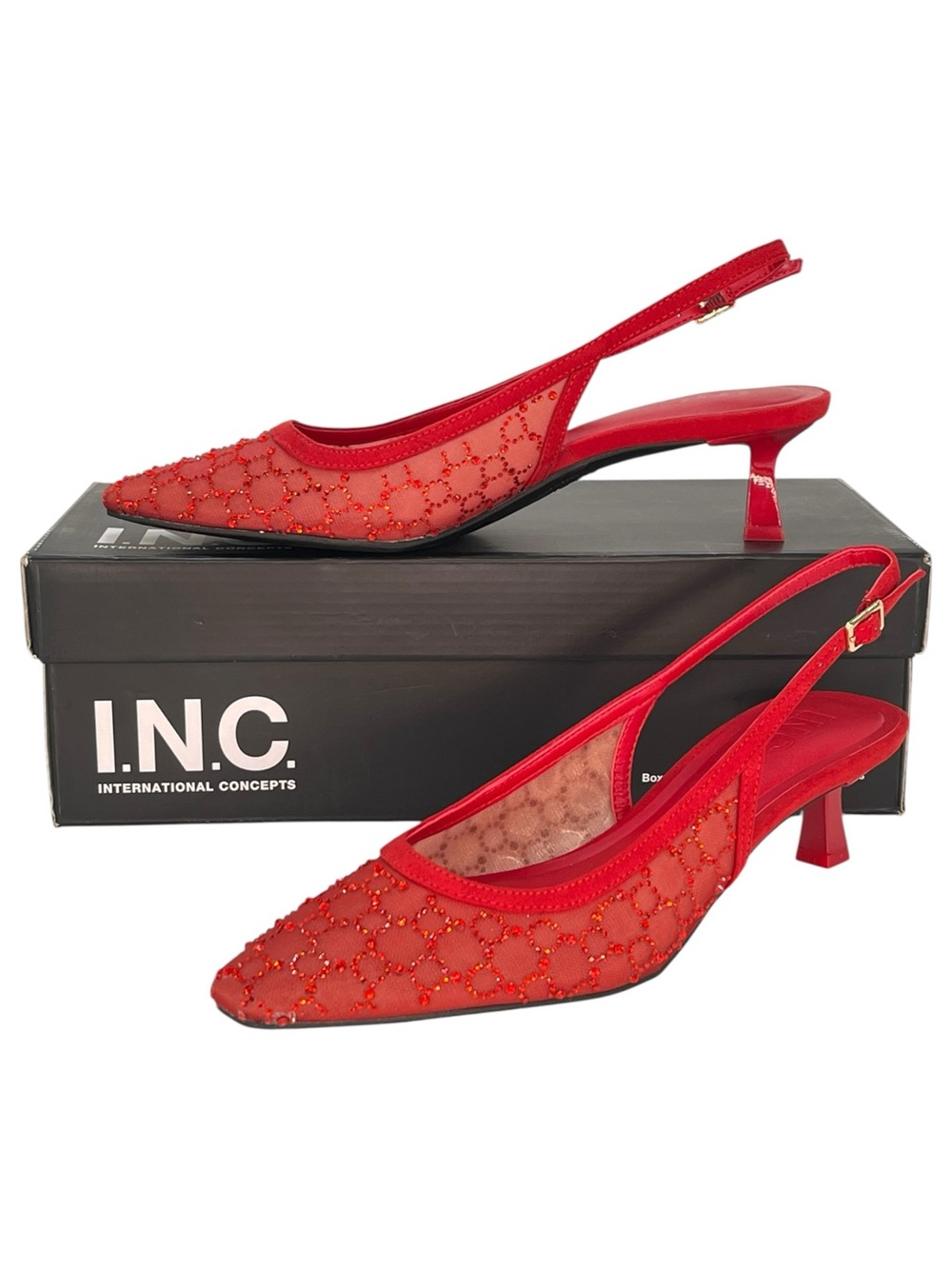 INC Gemini Red Rhinestone Slingback Low Top Womens Heels Size Right 7M Left 8M
